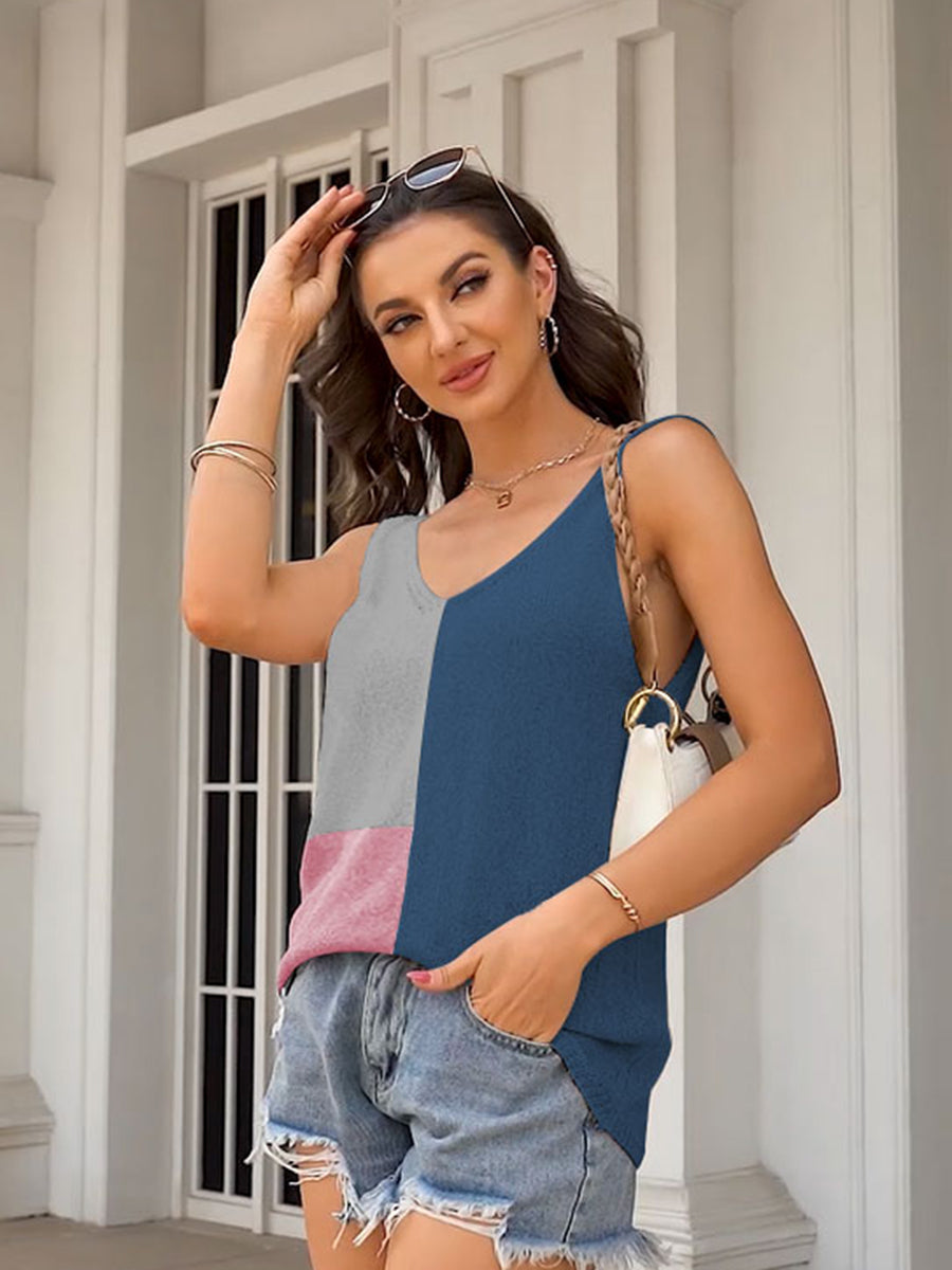 Tops Stitching Color V-Neck Casual Loose Tank Top