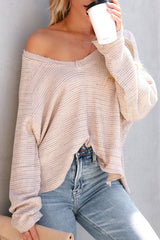 Rosafarbenes, langärmliges, ausgefranstes Oberteil aus Waffelstrick mit V-Ausschnitt