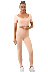Rosa 2-teiliges einfarbiges Set mit kurzärmligem Crop-Top und Leggings