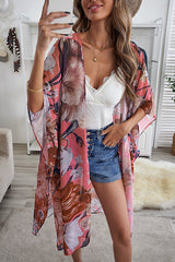 Kimono playero con estampado floral bohemio rosa