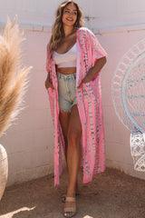 Kimono largo extragrande con efecto tie-dye bohemio rosa