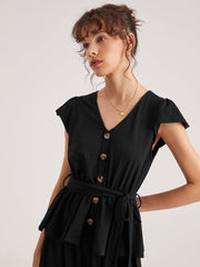 Oberteil mit Flügelärmeln und V-Ausschnitt in schlichter Knopfleiste