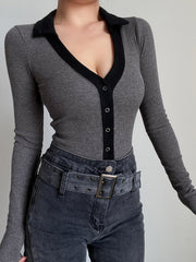 Bodysuit mit Polokragen und Knopfleiste