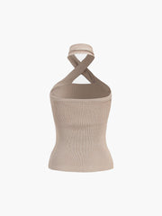 Top de punto acanalado con cuello halter en color castaño