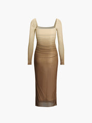 Cappuccino Ombre Mesh Langarm Langes Kleid