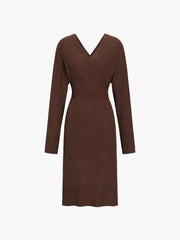 Karamellfarbenes, langärmliges Midi-Sweatshirtkleid mit Wickeldesign