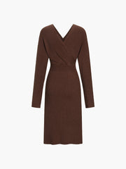 Karamellfarbenes, langärmliges Midi-Sweatshirtkleid mit Wickeldesign