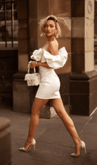 SATIN RUFFLE STRAPLESS DRESS IN WHITE