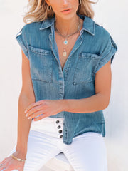 Casual Short-sleeved Solid Denim Shirt