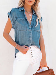 Casual Short-sleeved Solid Denim Shirt