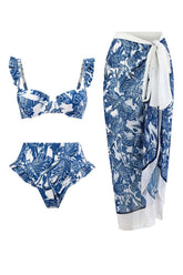 3-teiliges blau bedrucktes Bikini-Set mit Strandkleid zum Binden