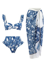 3-teiliges blau bedrucktes Bikini-Set mit Strandkleid zum Binden