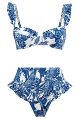 3-teiliges blau bedrucktes Bikini-Set mit Strandkleid zum Binden