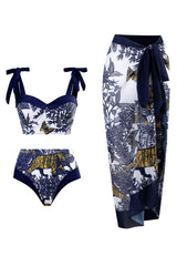 Dunkelblaues 3-teiliges Bademoden-Set mit hoher Taille und Strandkleid