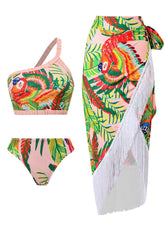 Conjunto de bikini estampado de 3 piezas naranja con vestido playero con borlas