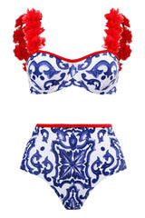 3 Piece Blue and White Porcelain Printing Swimwear Set with Beach Dress