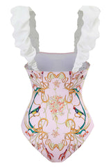 Einteiliger Badeanzug mit hoher Taille und rosa Aufdruck