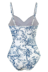 Blau bedruckter Badeanzug mit hoher Taille
