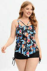 Two Piece Printed Black Plus Size Swimwear with Boxer