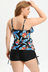 Two Piece Printed Black Plus Size Swimwear with Boxer
