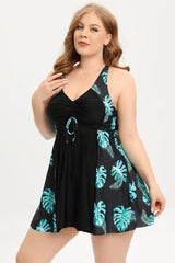 One Piece V Neck Black Printed Plus Size Swimwear