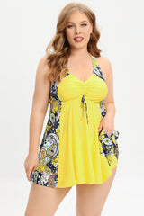 One Piece V Neck Black Printed Plus Size Swimwear