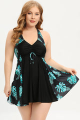 One Piece V Neck Black Printed Plus Size Swimwear