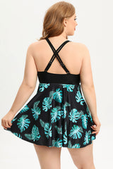 One Piece V Neck Black Printed Plus Size Swimwear