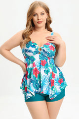 Two Piece Peacock Green Plus Size Swimwear with Boxer