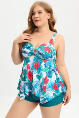 Two Piece Peacock Green Plus Size Swimwear with Boxer