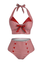 Traje de baño bikini de dos piezas con cuello halter y cuadros rojos de talla grande