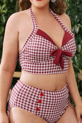 Plus Size Red Plaid Halter Two Piece Bikini Swimsuit