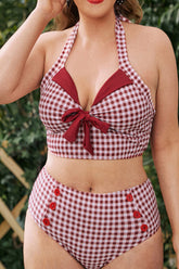 Rot karierter Neckholder-Bikini-Badeanzug in Übergröße, zweiteilig
