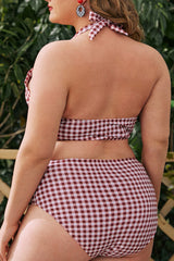 Plus Size Red Plaid Halter Two Piece Bikini Swimsuit