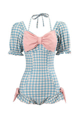 Blauer Badeanzug mit Herzausschnitt und hoher Taille