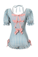 Blauer Badeanzug mit Herzausschnitt und hoher Taille