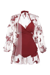 Neckholder-Bademode mit hoher Taille in Rot mit Umhang