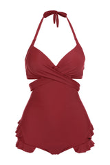 Halter Neck One Piece High Waist Red Swimwear with Cloak