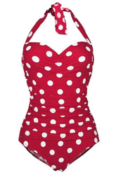 Halter Neck Polka Dots Red One Piece Swimsuit