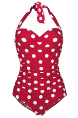 Halter Neck Polka Dots Red One Piece Swimsuit