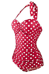 Halter Neck Polka Dots Red One Piece Swimsuit