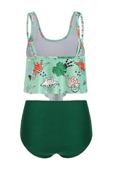 Two Piece Green Printed Swimwear