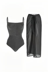 Schwarz gestreifter Badeanzug mit hoher Taille und Strandrock