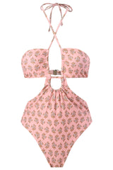 Halter Neck One Piece Pink Swimwear with Beach Skirt