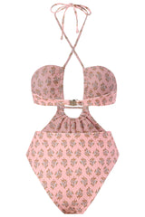 Halter Neck One Piece Pink Swimwear with Beach Skirt