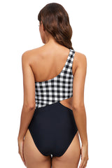 Traje de baño de una pieza con cintura alta y estampado de cuadros