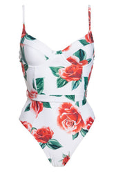 Traje de baño de una pieza rojo de cintura alta con tirantes finos