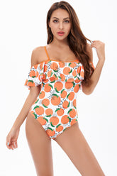 Orange Bademode mit Cold Shoulder Print und hoher Taille