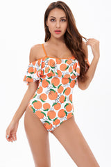 Orange Bademode mit Cold Shoulder Print und hoher Taille