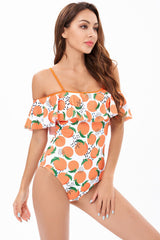 Orange Bademode mit Cold Shoulder Print und hoher Taille